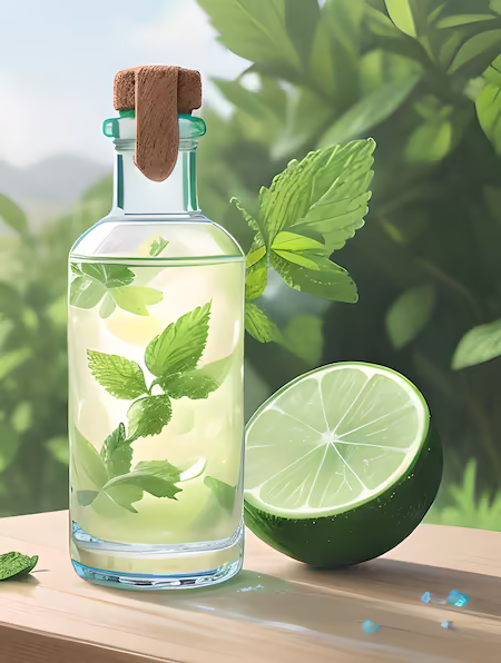 Bottle With Mint Inside On A Table With Greens Background And Mint