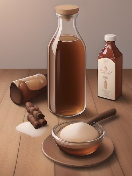 Brown Sugar Syrup Filled Bottle With Spices And Sugar On Table