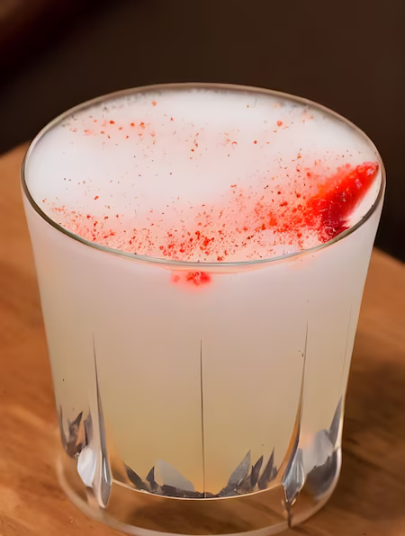 Frotty Milky Liquid In A Tumbler With Dried Strawberry Powder As Garnish